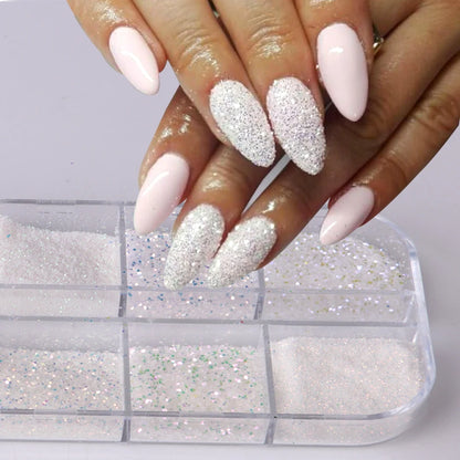 12 Grid White Sugar Iridescent Nail Glitter Flakes Set