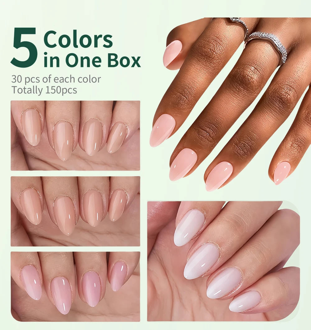 Nail polish set with five colors shown on hands against a light green background