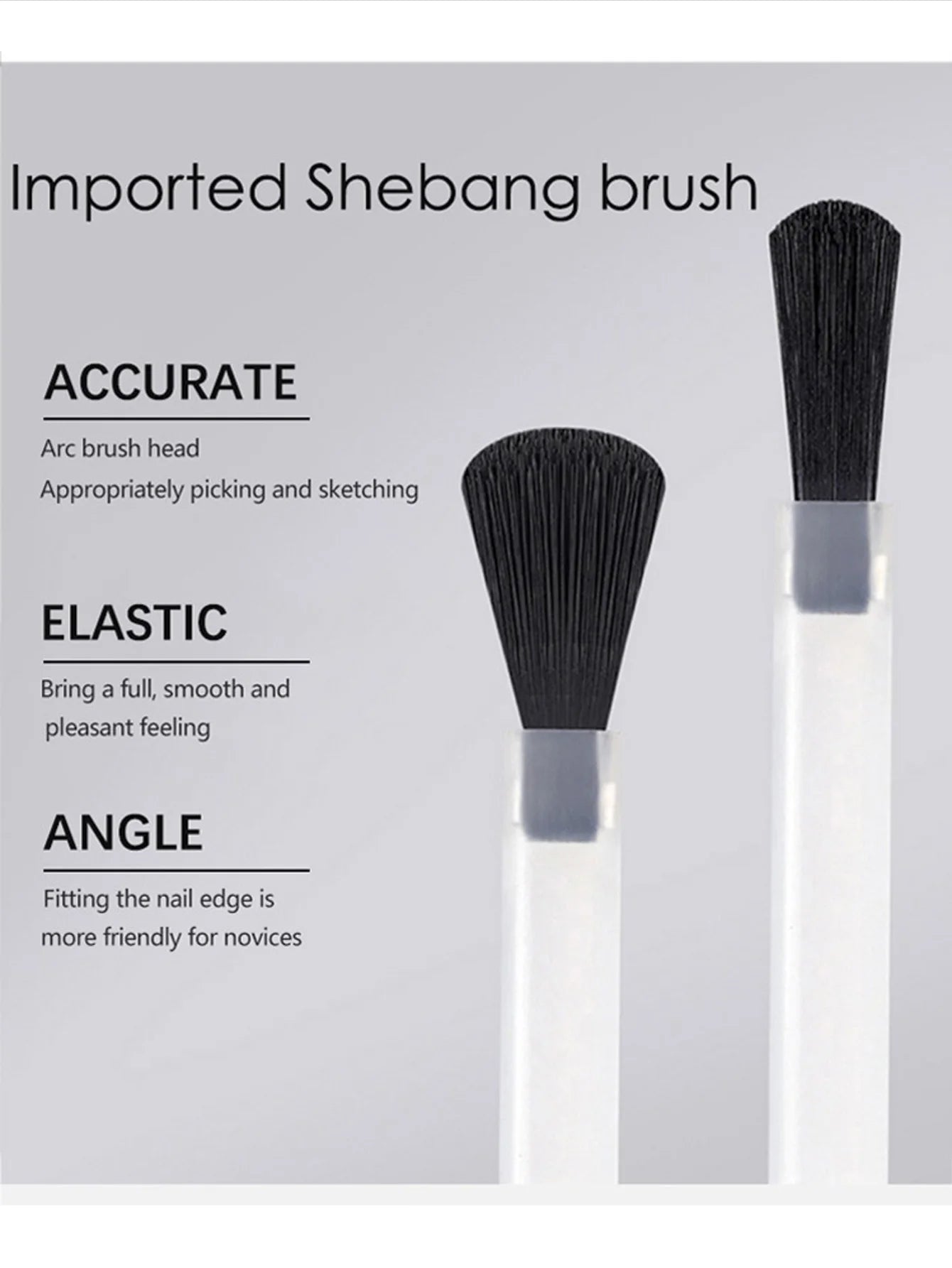 Shebang brush with text describing its features on a gray background