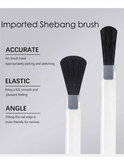 Shebang brush with text describing its features on a gray background