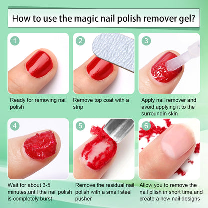 Step-by-step guide on how to use magic nail polish remover gel with images and text.