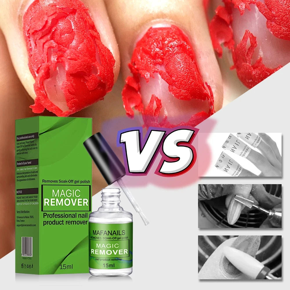 Mafanails Magic Remover product with packaging and application process shown.