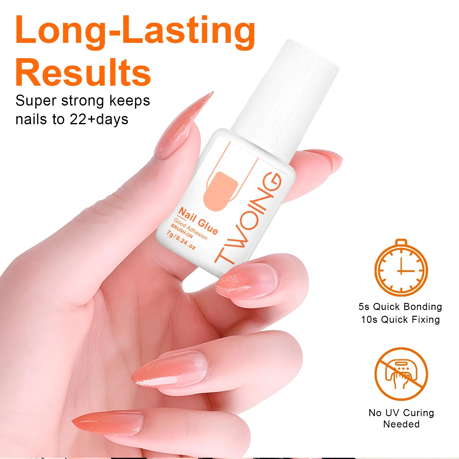Hand holding a bottle of TWOING nail glue with text highlighting features on a white background