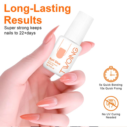 Hand holding a bottle of TWOING nail glue with text highlighting features on a white background