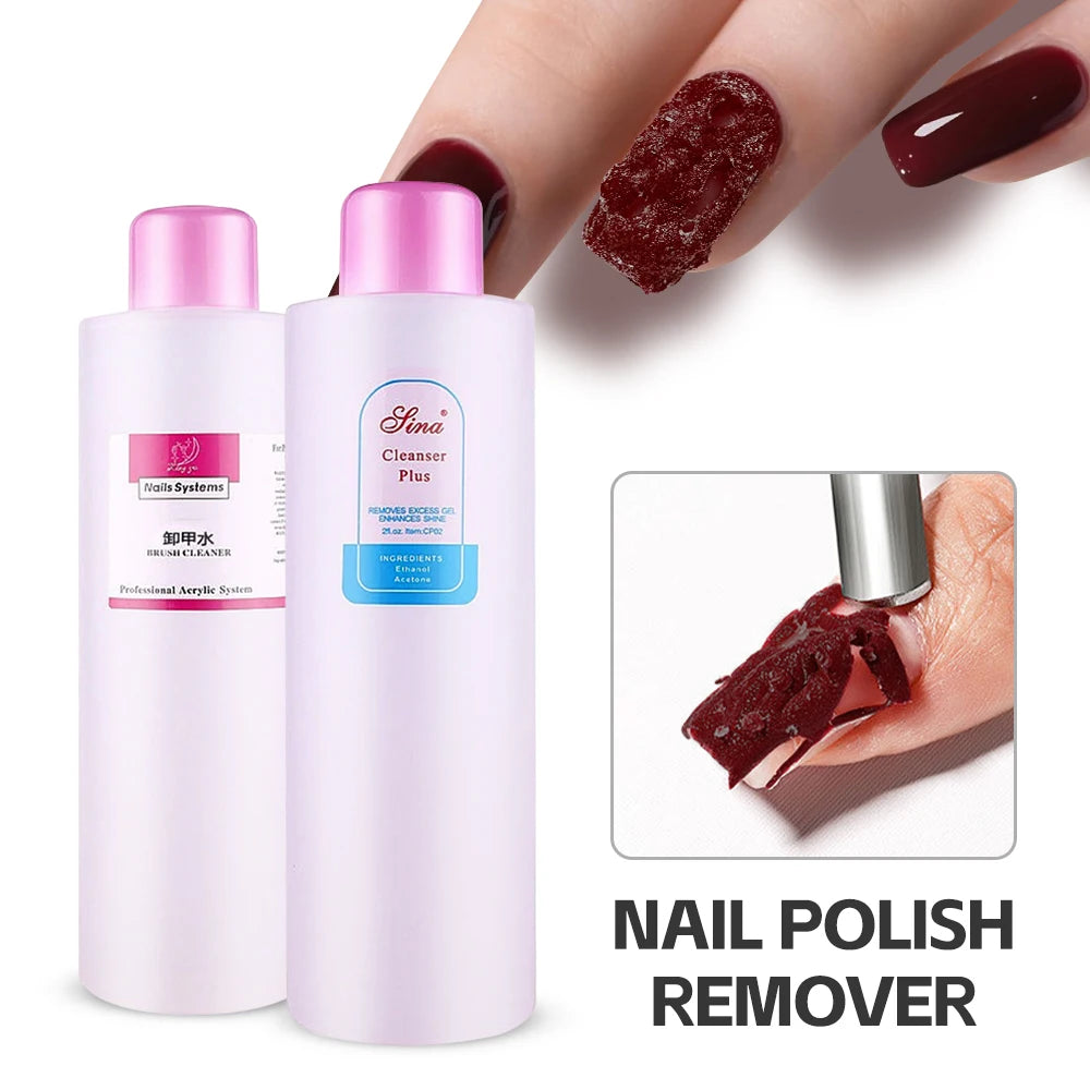 Nail polish remover bottles with a close-up of a hand removing red nail polish.