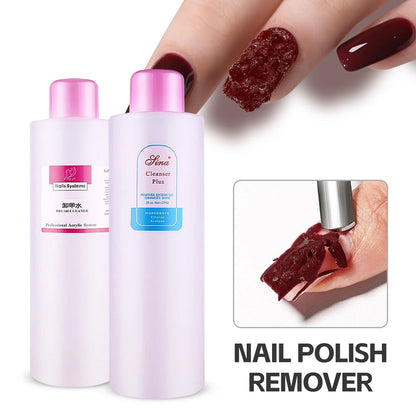 Nail polish remover bottles with a close-up of a hand removing red nail polish.