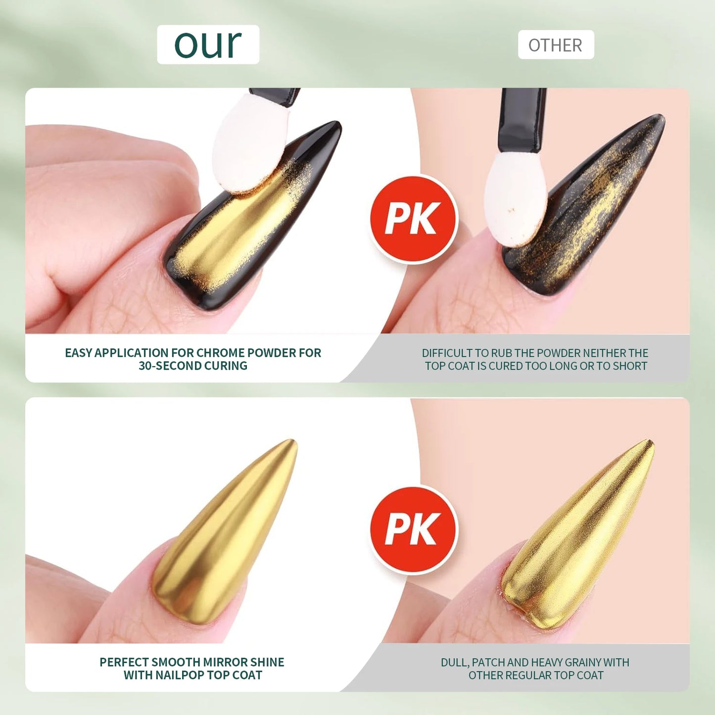 Comparison of nail polish application with PK brand on a light green background