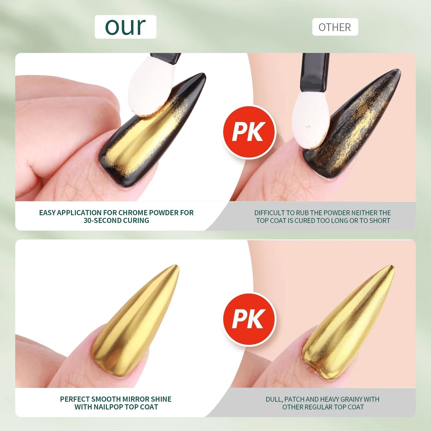 Comparison of nail polish application with PK brand on a light green background