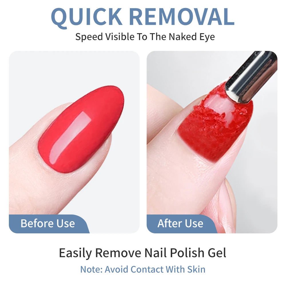 Red nail polish being removed with a tool, labeled 'Before Use' and 'After Use'.