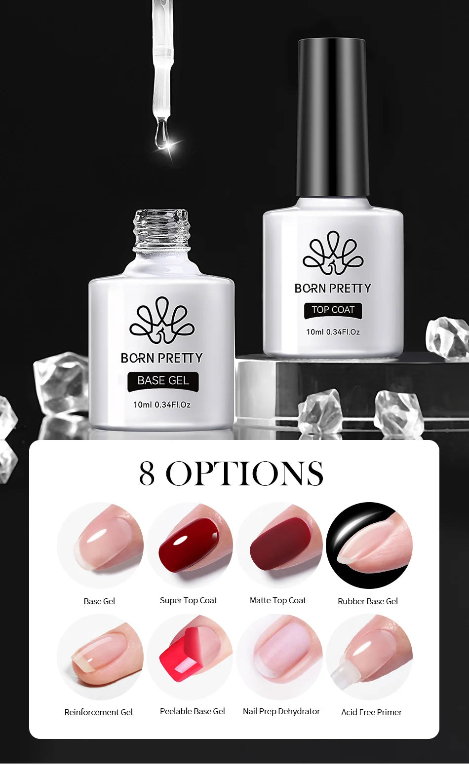 Born Pretty nail gel polish set with 8 option display on a black background