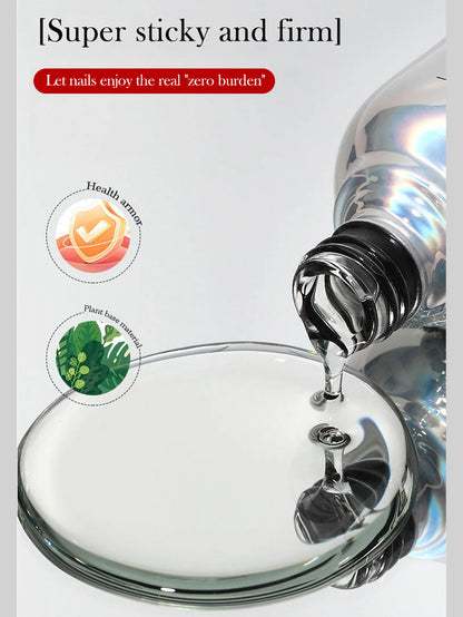 Bottle pouring liquid into a glass container with text about super sticky and firm properties.