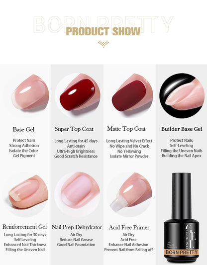 Born Pretty nail gel product set with various gel types and a black bottle on a white background.