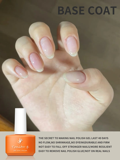 Hand with painted nails and a bottle of nail polish gel, with text about the product's features.