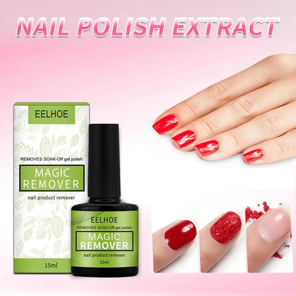 Eelhoe Magic Remover nail product remover with packaging and a hand with red nails.