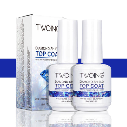 Two bottles of TWOING Diamond Shield Top Coat with packaging on a white background