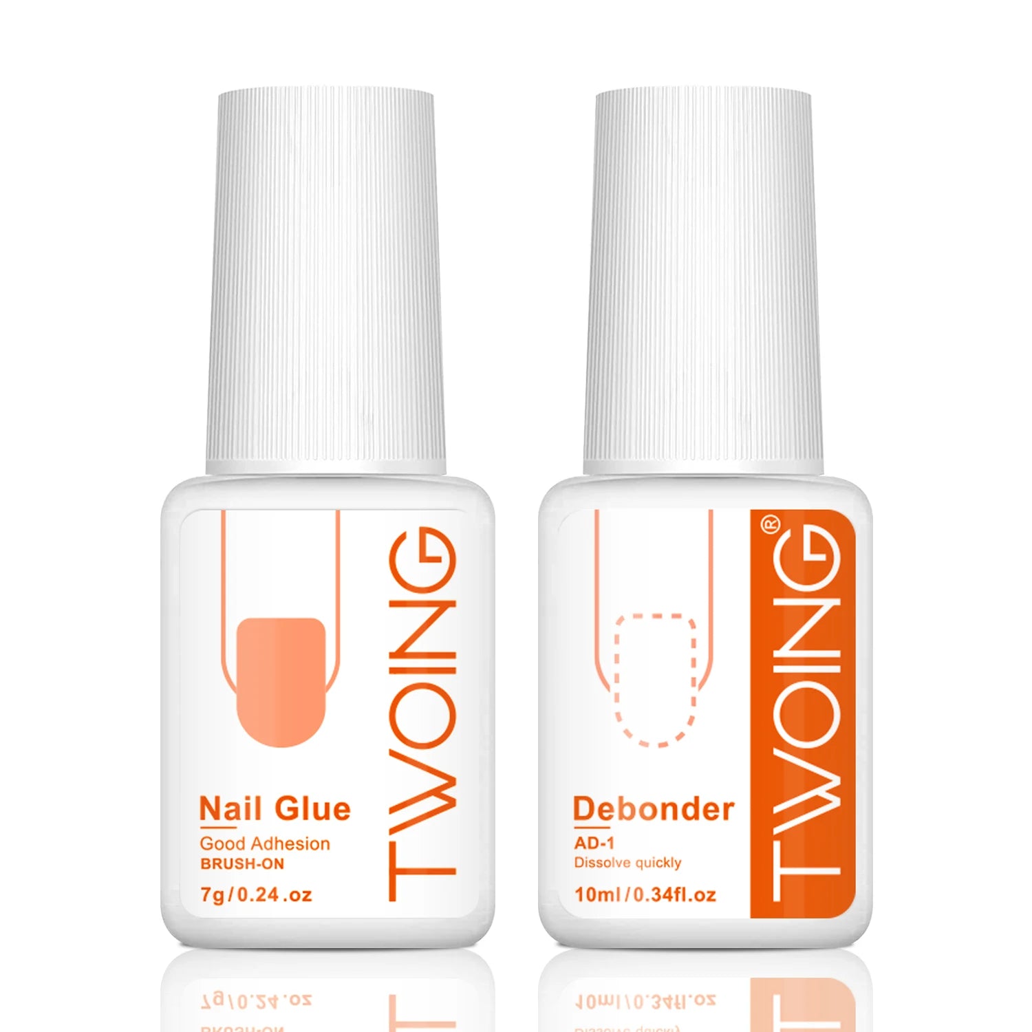 Two bottles of TWOING nail products on a white background