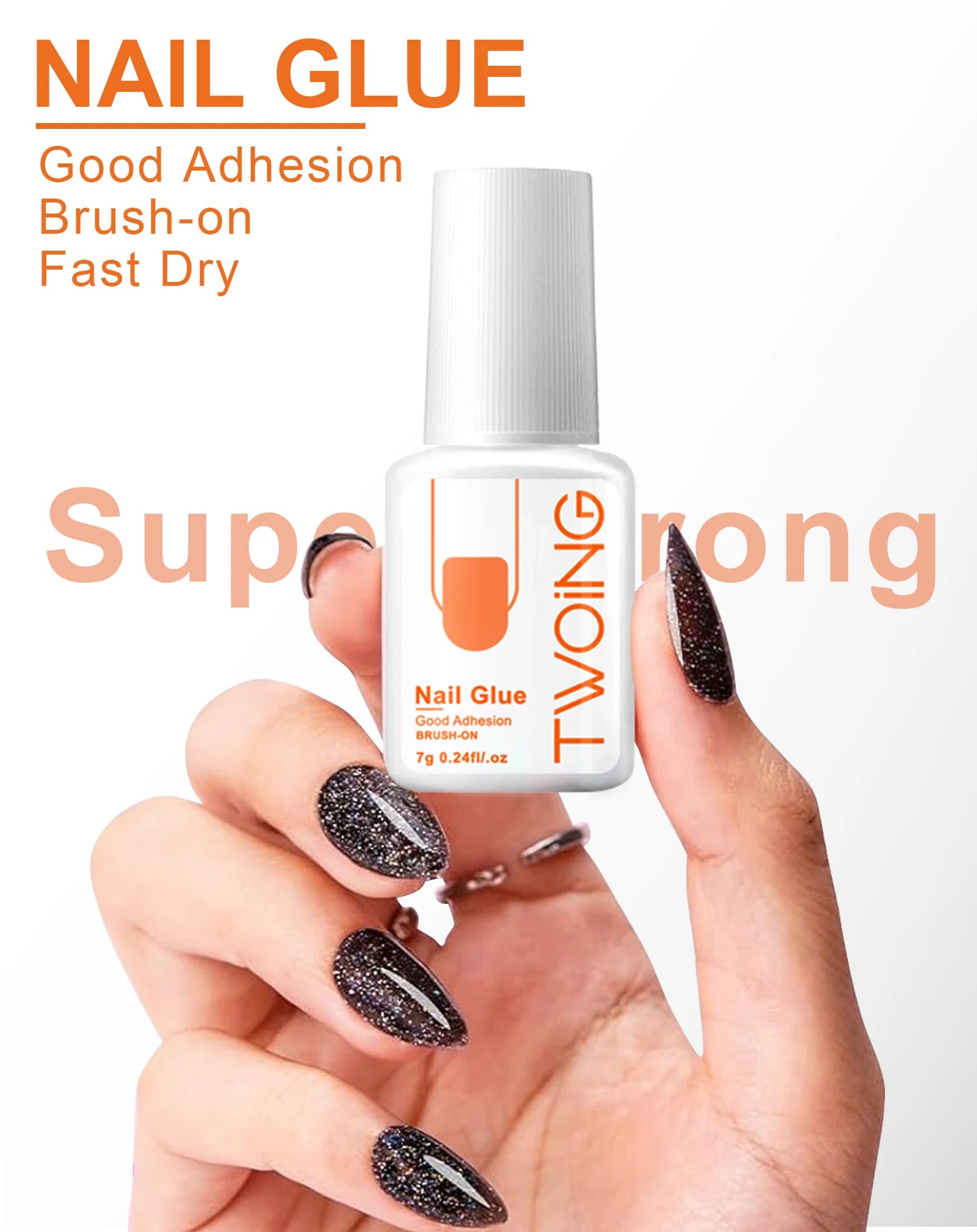Nail glue bottle with hand displaying nails and keychain on a white background