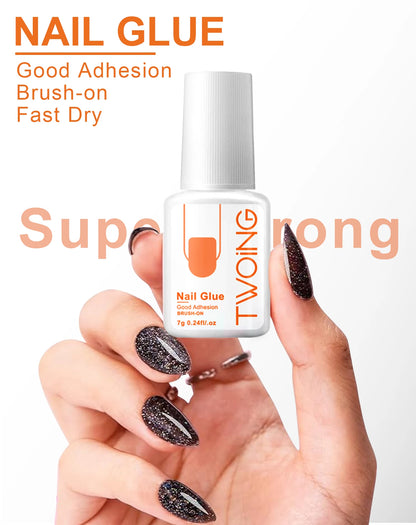 Nail glue bottle with hand displaying nails and keychain on a white background