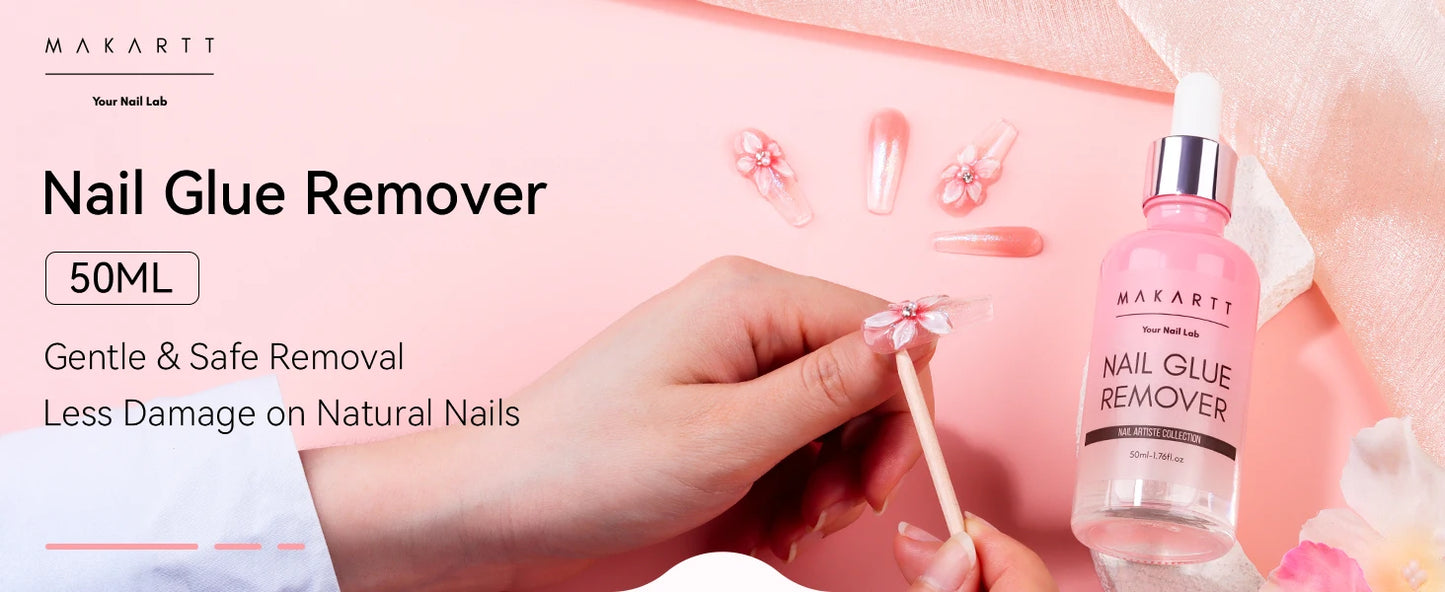 Makartt nail glue remover with a hand using a applicator on a pink background