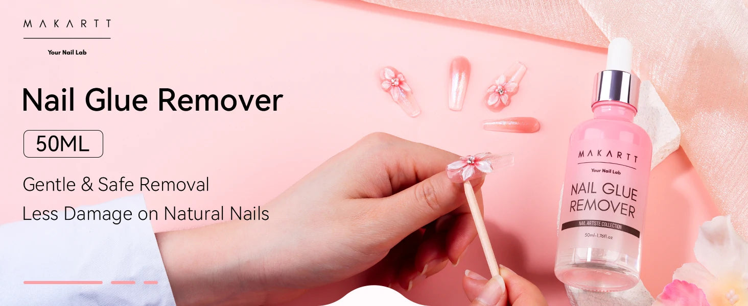 Makartt nail glue remover with a hand using a applicator on a pink background