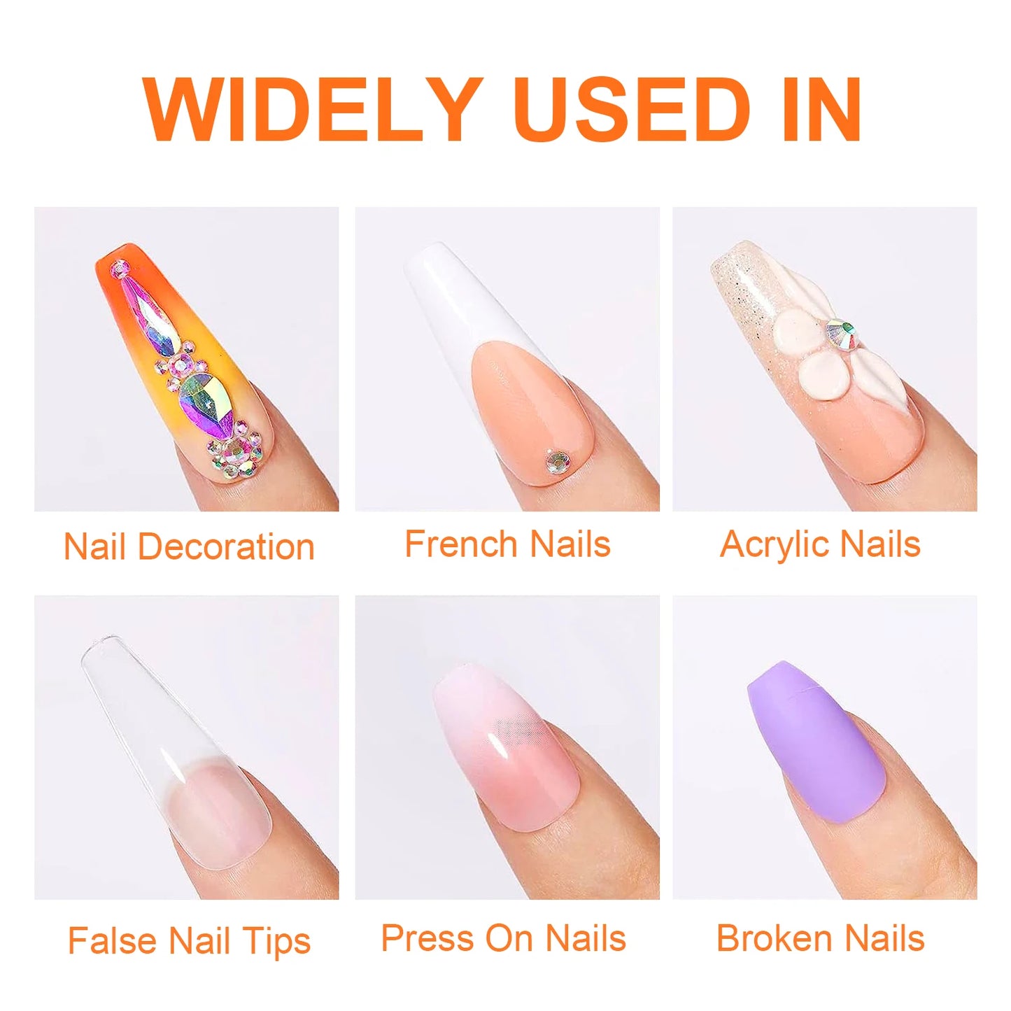 Nail art display with various nail types and decorative elements.