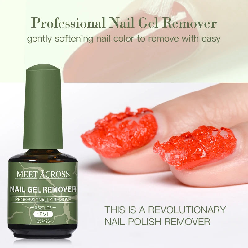 Nail gel remover bottle with red gel on nails and text about product features.
