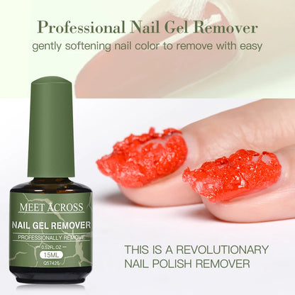 Nail gel remover bottle with red gel on nails and text about product features.