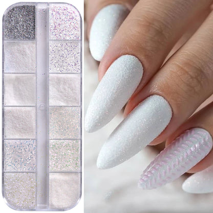 12 Grid White Sugar Iridescent Nail Glitter Flakes Set