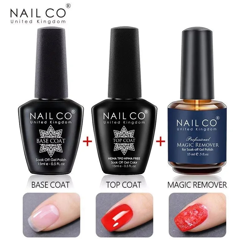 Three nail polish bottles from NAIL CO with product names and images of nails with different polish colors.