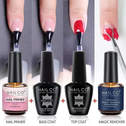 Set of Nail Co nail polish bottles with application process shown on nails.