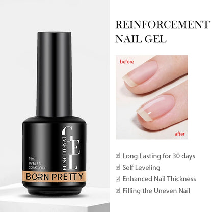Bottle of Born Pretty Reinforcement Nail Gel with before and after nail images on a white background