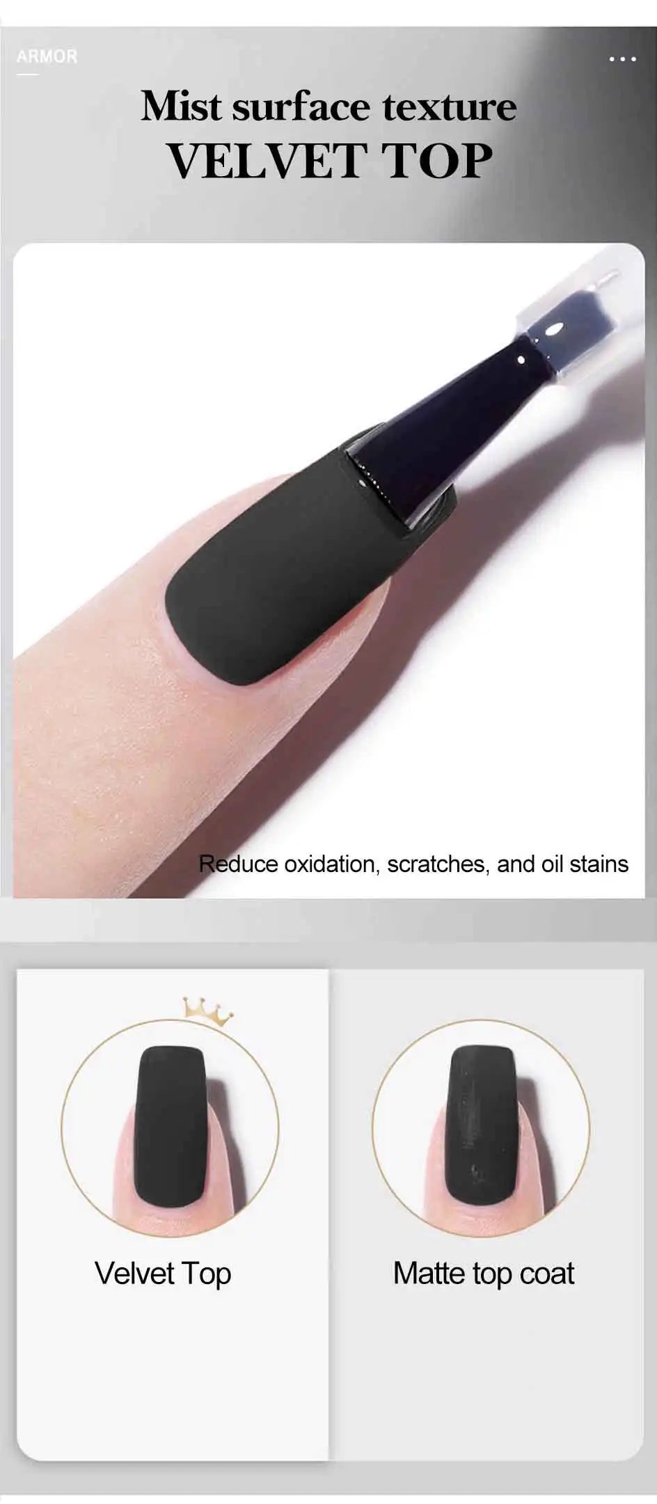 Nail polish with a velvet top coat application on a hand, showing its benefits.