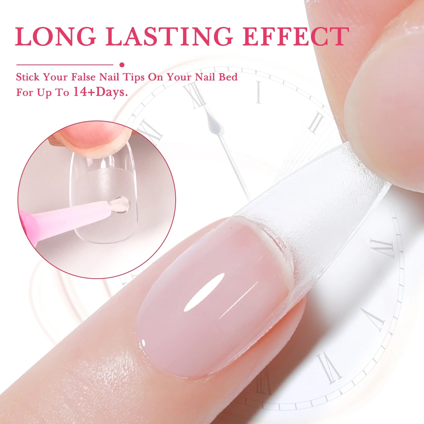 False nail tips being applied with text about long-lasting effect on a light pink background.