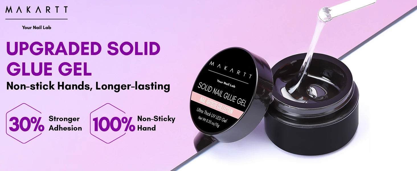 Makartti solid nail glue gel with open jar and applicator on a purple background