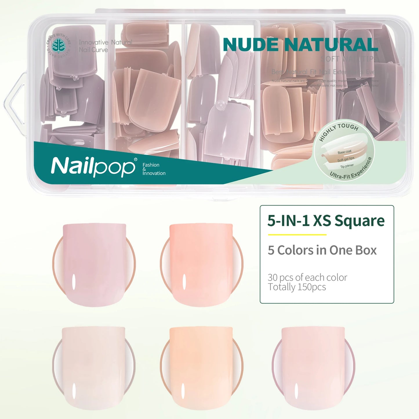 Nail pop packaging of nude natural nail tips with 5 colors in one box.
