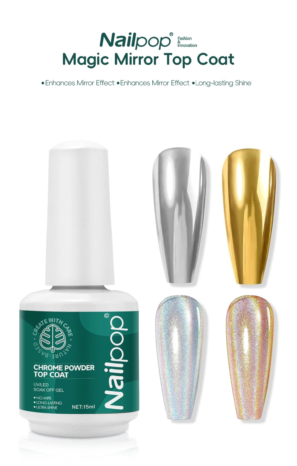 Nailpop Magic Mirror Top Coat with chrome powder top coat and nail samples on a white background