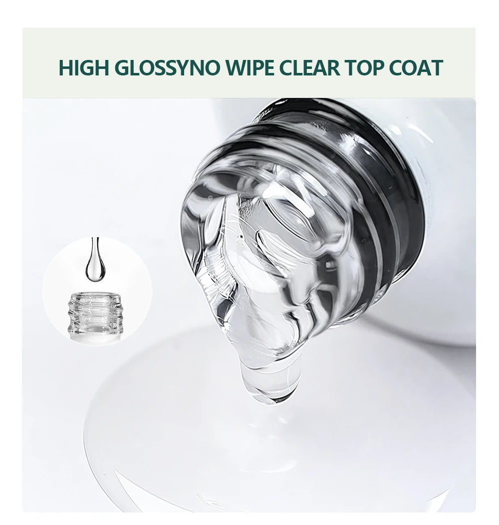 Clear top coat being applied to a nail with 'High Glossyno Wipe' text above.