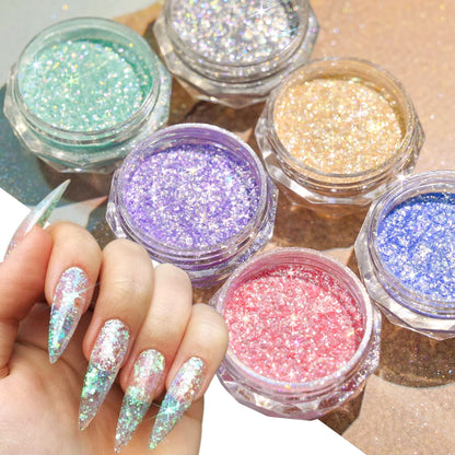 6 Color Opal Neon Iridescent Mirror Nail Glitter Powder Set