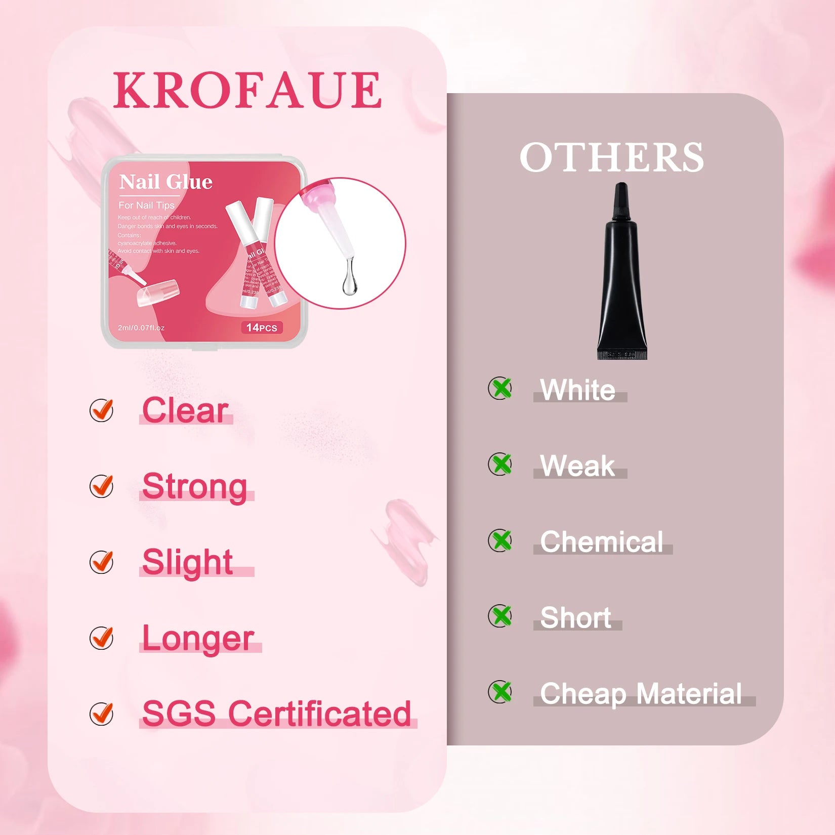KROFAUE nail glue packaging with comparison to 'Others' on a pink background