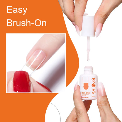 Nail glue bottle with application on nails against an orange background