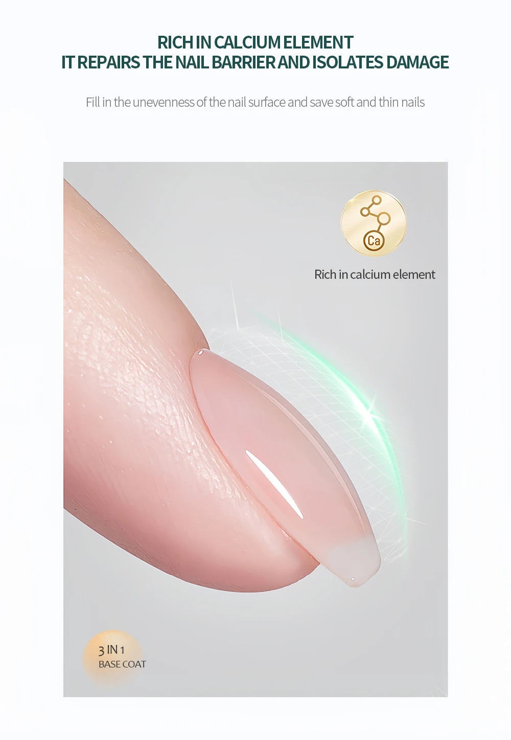 Nail polish packaging with a close-up of a painted nail, highlighting calcium element benefits.