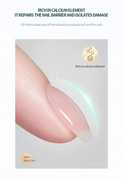 Nail polish packaging with a close-up of a painted nail, highlighting calcium element benefits.