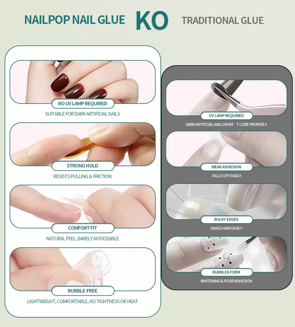 Comparison chart of Nailpop nail glue KO traditional glue with visual examples and text descriptions.