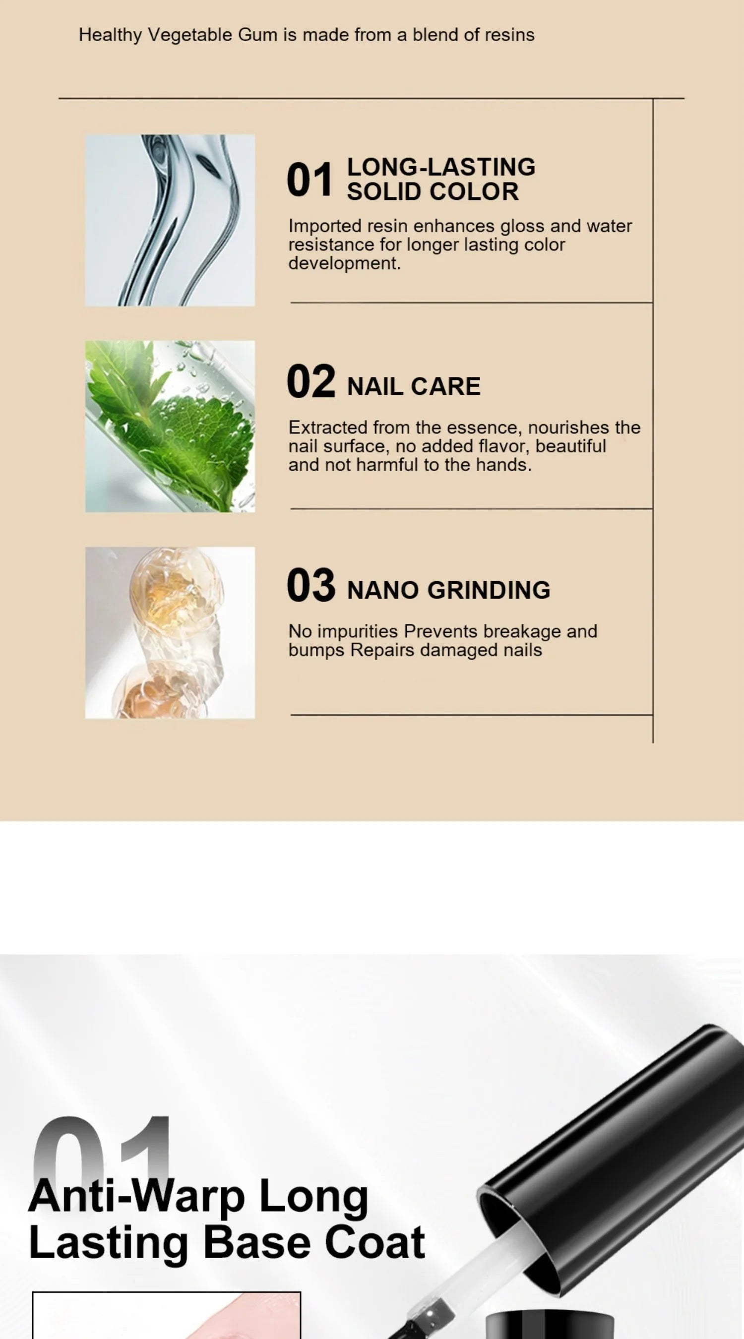 Product description card for a nail care product with text and images on a beige background.