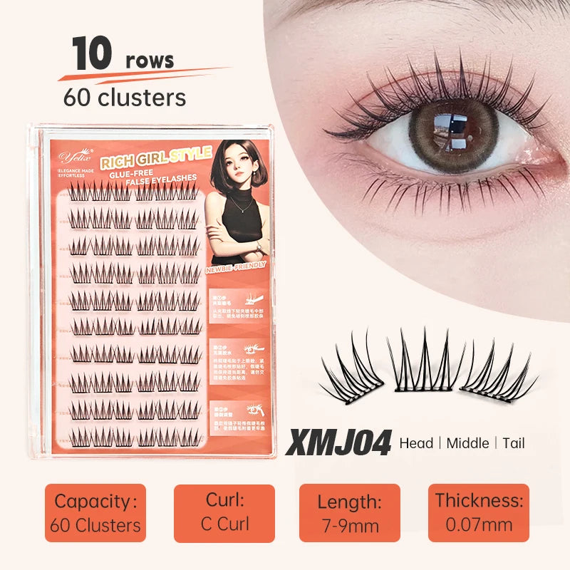 Yelix Self Adhesive Korean Manga Style Cluster Lashes 10 Row Natural Soft