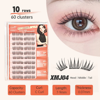 Yelix Self Adhesive Korean Manga Style Cluster Lashes 10 Row Natural Soft