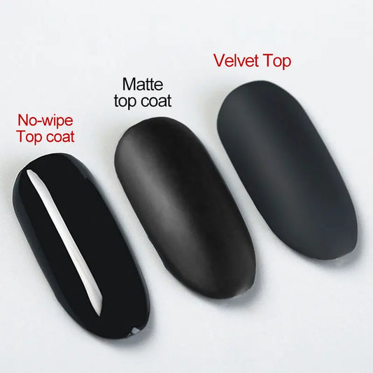 Three black nail polish bottles labeled 'No-wipe top coat', 'Matte top coat', and 'Velvet top' on a white background.
