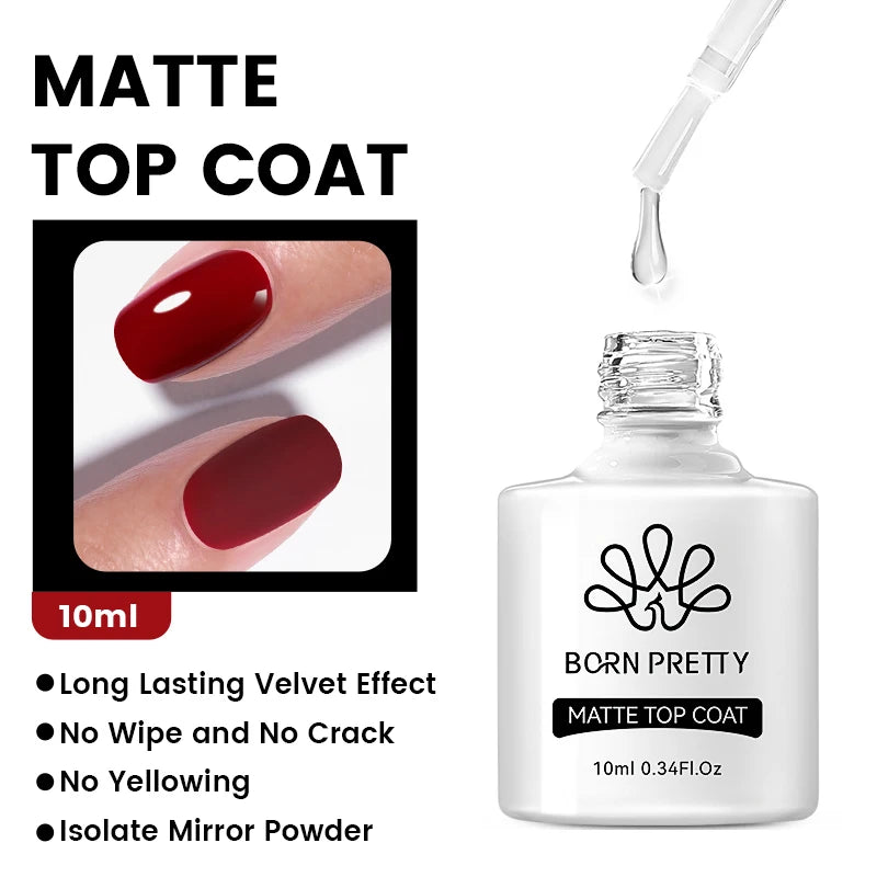 Bottle of Born Pretty Matte Top Coat with a droplet being applied to a red nail, on a white background.
