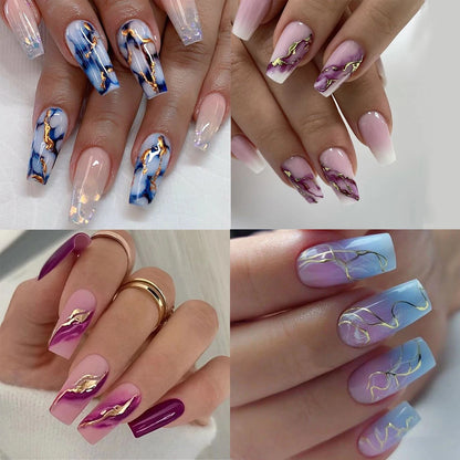Collage of four images showcasing various nail designs with a focus on color and pattern.