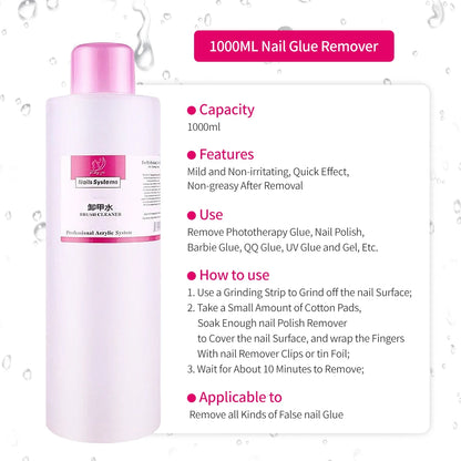 1000ML Nail Glue Remover bottle with product details on a white background
